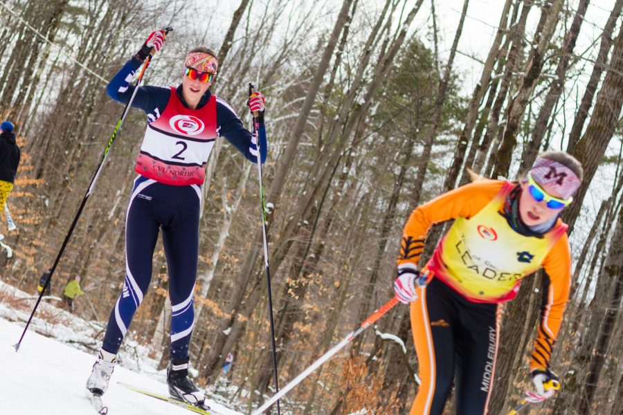 Burlington High School junior Marika Massey-Bierman (left), skis at a high school nordic race at the Ethan Allen Firing Range in Jericho on Feb. 2. | Photo: Jake Bucci/Register
