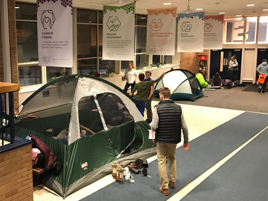 Students pitched tents in the lobby and hallways after winter weather moved the annual Spectrum Sleep Out event indoors. | Photo: Alexandre Silberman/Register