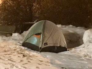 A few adventurous students decided to pitch their tents outside the entrance of Burlington High School, even after organizers moved the annual Spectrum Sleep Out event indoors. | Photo: Alexandre Silberman/Register