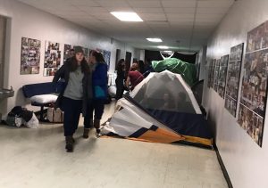 Students pitched tents in the lobby and hallways after winter weather moved the annual Spectrum Sleep Out event indoors. | Photo: Alexandre Silberman/Register