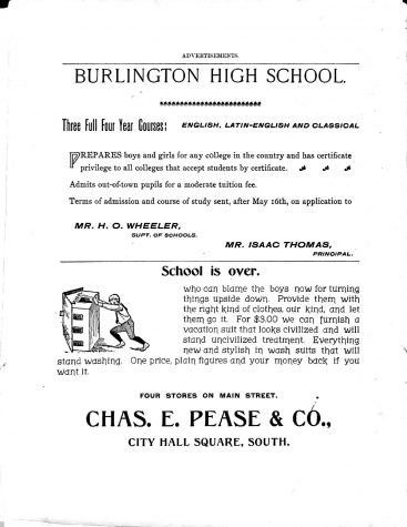 A page of advertisements from the original 1898 edition of the Register included a variety of businesses from around Burlington.