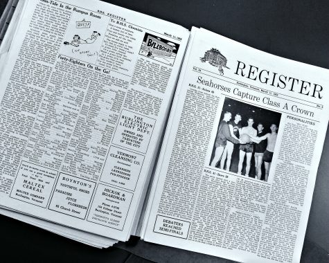 The front page of an edition of the Register from March 1953. The top story was the boys' basketball team's overtime victory over Montpelier to win the Class A championship. | Photo: Jake Bucci/Register