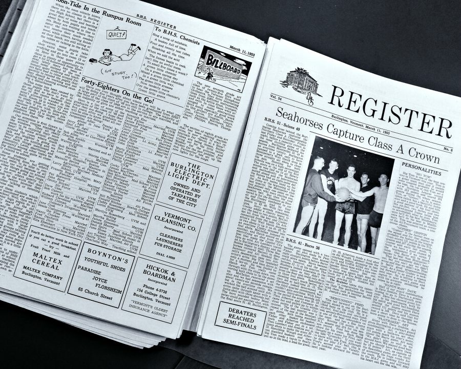 The front page of an edition of the Register from March 1953. The top story was the boys basketball teams overtime victory over Montpelier to win the Class A championship. | Photo: Jake Bucci/Register