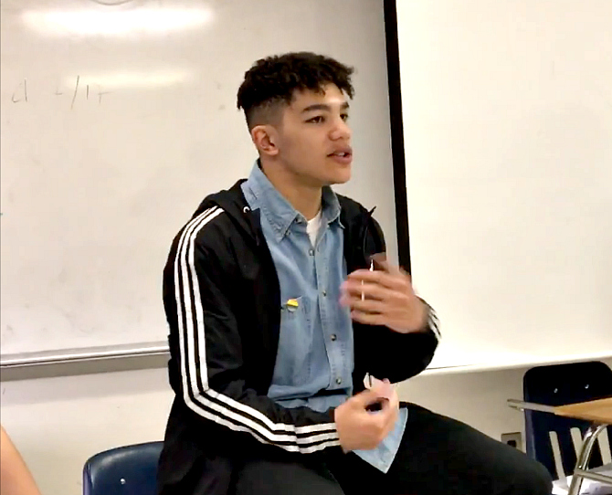 South Burlington High School senior Isaiah Hines speaks to the group during a session at the social justice symposium on April 8. The event was hosted by Burlington High School. | Photo: Emma Chaffee/Register