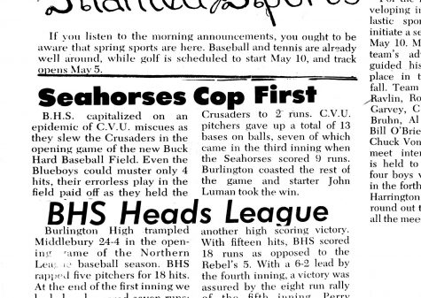 The sports section included an article about the Seahorses baseball victory over Champlain Valley Union.