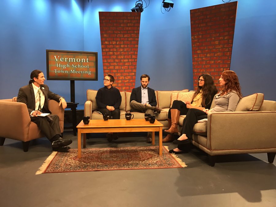 Vermont Lt. Gov. Dave Zuckerman (far left) held a high school town hall panel at Vermont PBS studios in Colchester on Thursday, May 4. The event was livestreamed and televised statewide, and students could ask questions in-person or online. The panel consisted of youth activists (from left to right) Alex Escaja-Heiss, Austin Davis, Elise Greaves and Haley Lebel-Stephen. | Photo: Alexandre Silberman/Register