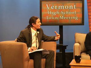 Vermont Lt. Gov. Dave Zuckerman asks the panel a question during his high school town hall meeting at Vermont PBS studios in Colchester on May 4