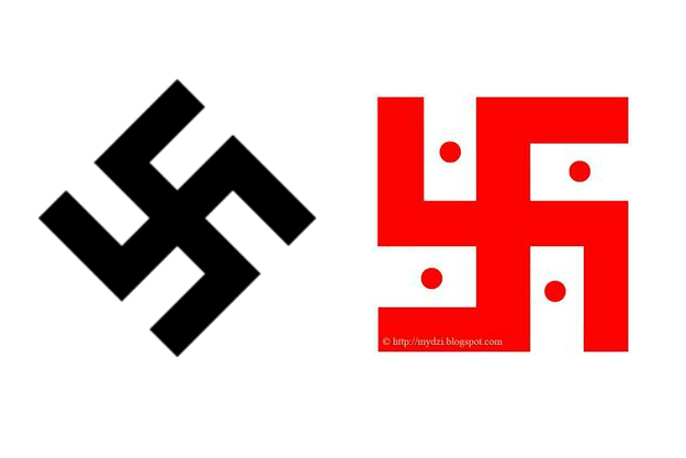 Left: The Nazi swastika. Right: The Hindu swastika used by student Kolby LaMarche on his school email account. | Photos: Wikimedia