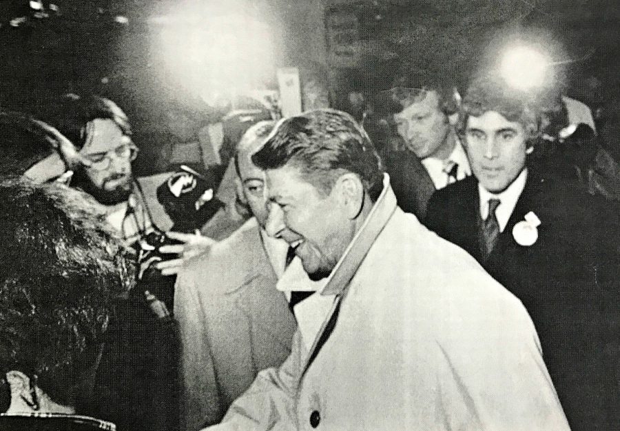 BHS teacher Ron MacNeil, back left, captures Ronald Reagans arrival at the Sheraton Hotel in Burlington on Feb. 14, 1980. MacNeil worked as a photojournalist before going into education. | Photo: Courtesy Rob Swanson