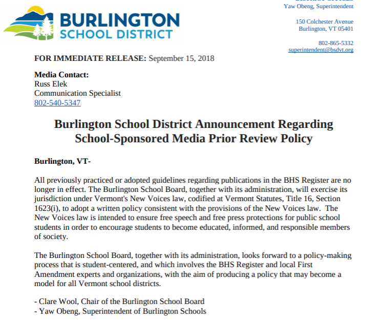 BREAKING: Burlington School Board and District Administration end the restrictive BHS Register Publication Guidelines imposed by Interim Principal