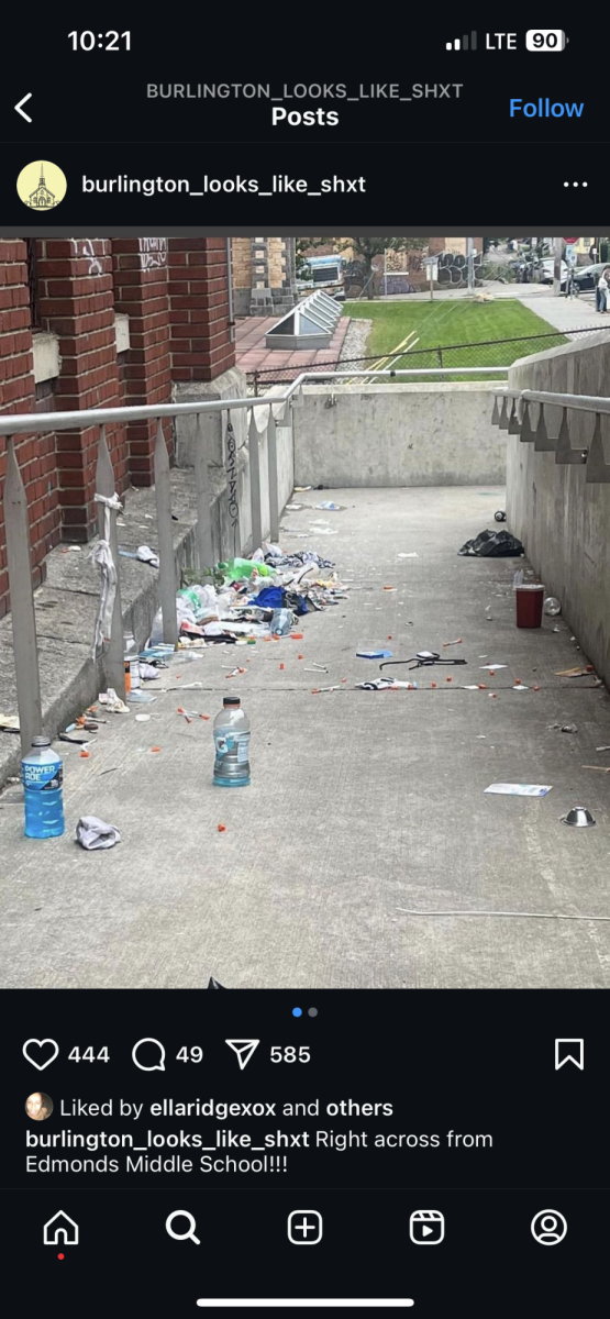 Needles scattered across ramp with a caption "Right across from Edmonds Middle School!!!"