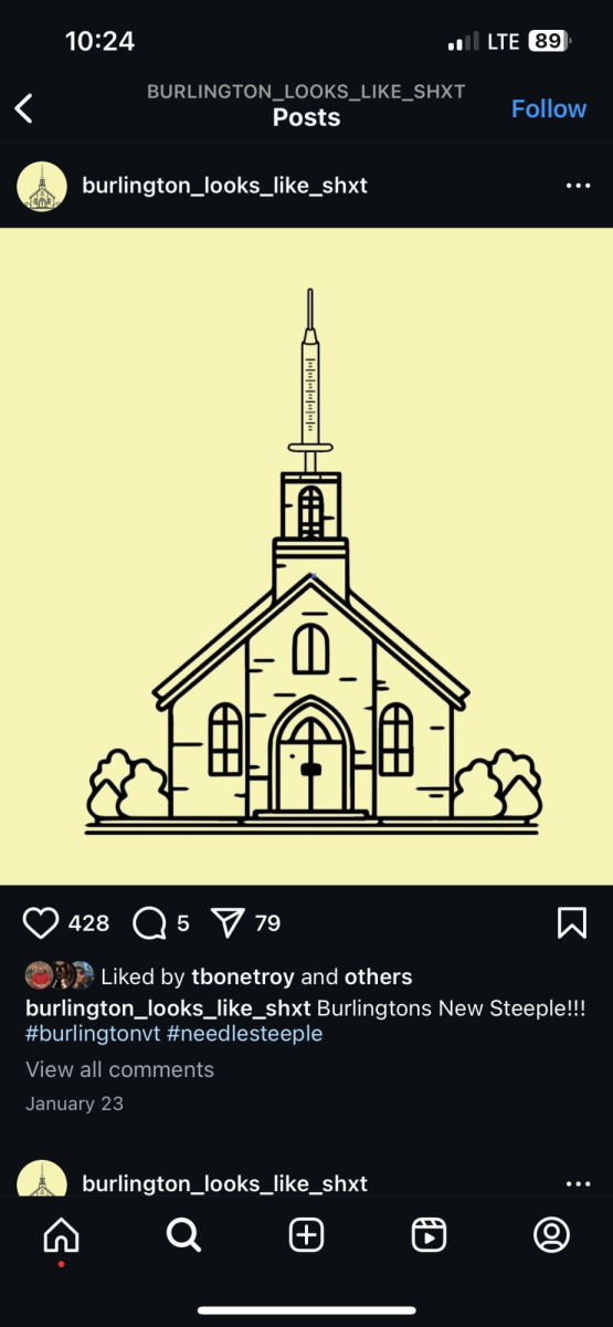 Photo used as a profile picture by @Burlington_Looks_Like_Shxt, depicting a syringe in place of the clock tower at Burlington’s UU Church. 
