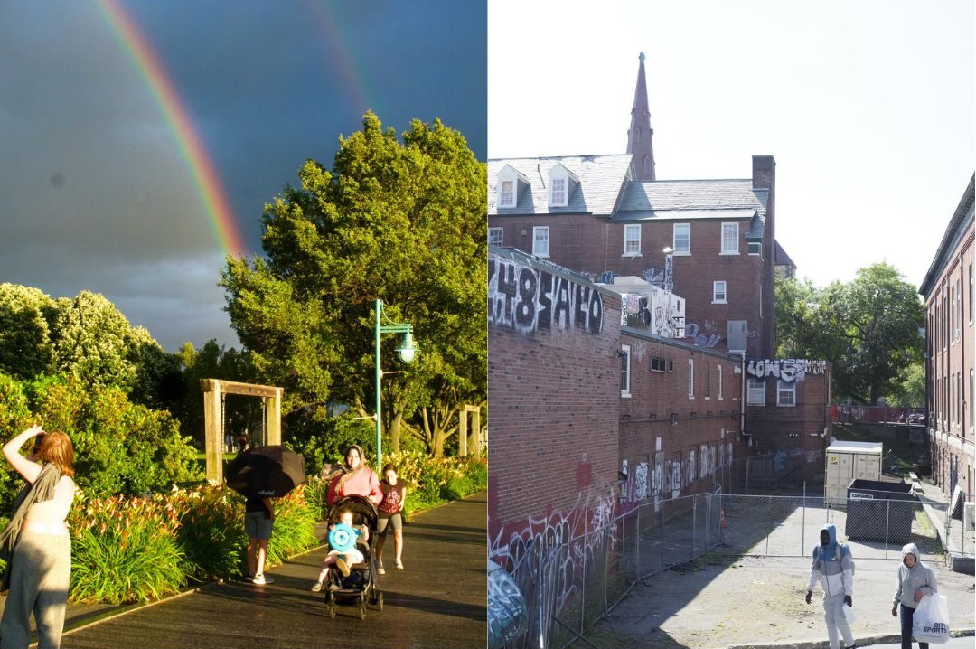 Burlington's waterfront under a rainbow (left) makes a stark contrast with the graffiti-covered buildings behind City Market (right).