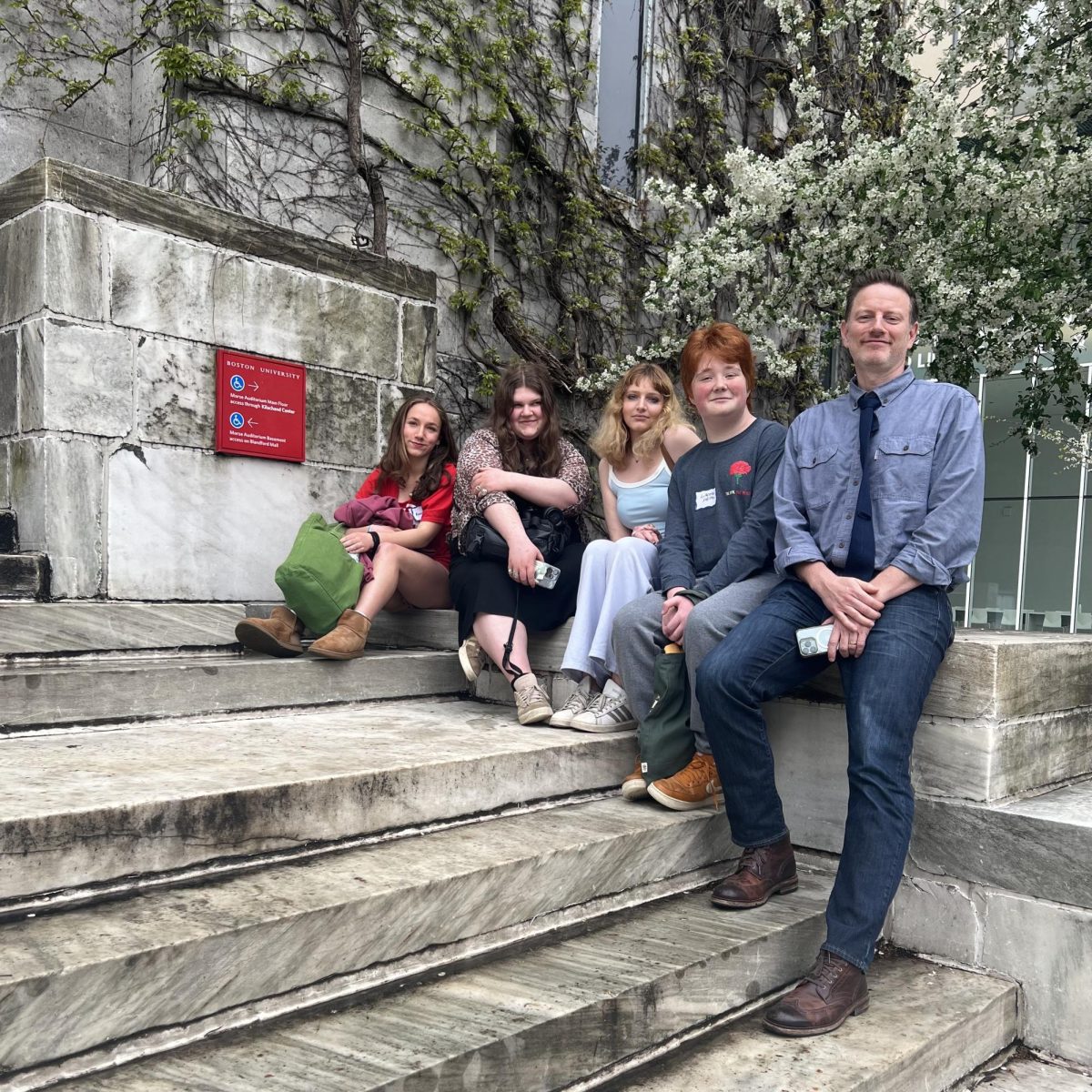 Register staff (and sponsor Mr. Finn) outside of Morse Auditorium after the awards ceremony for NESPA where the Register won 2nd Place for Print Newspaper as well as several individual awards. 