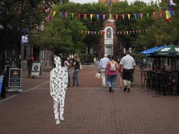 Composite image created by Sophia Dengler. The “ghost” figure symbolizes how Burlington’s new rules have erased public nudity from downtown spaces.