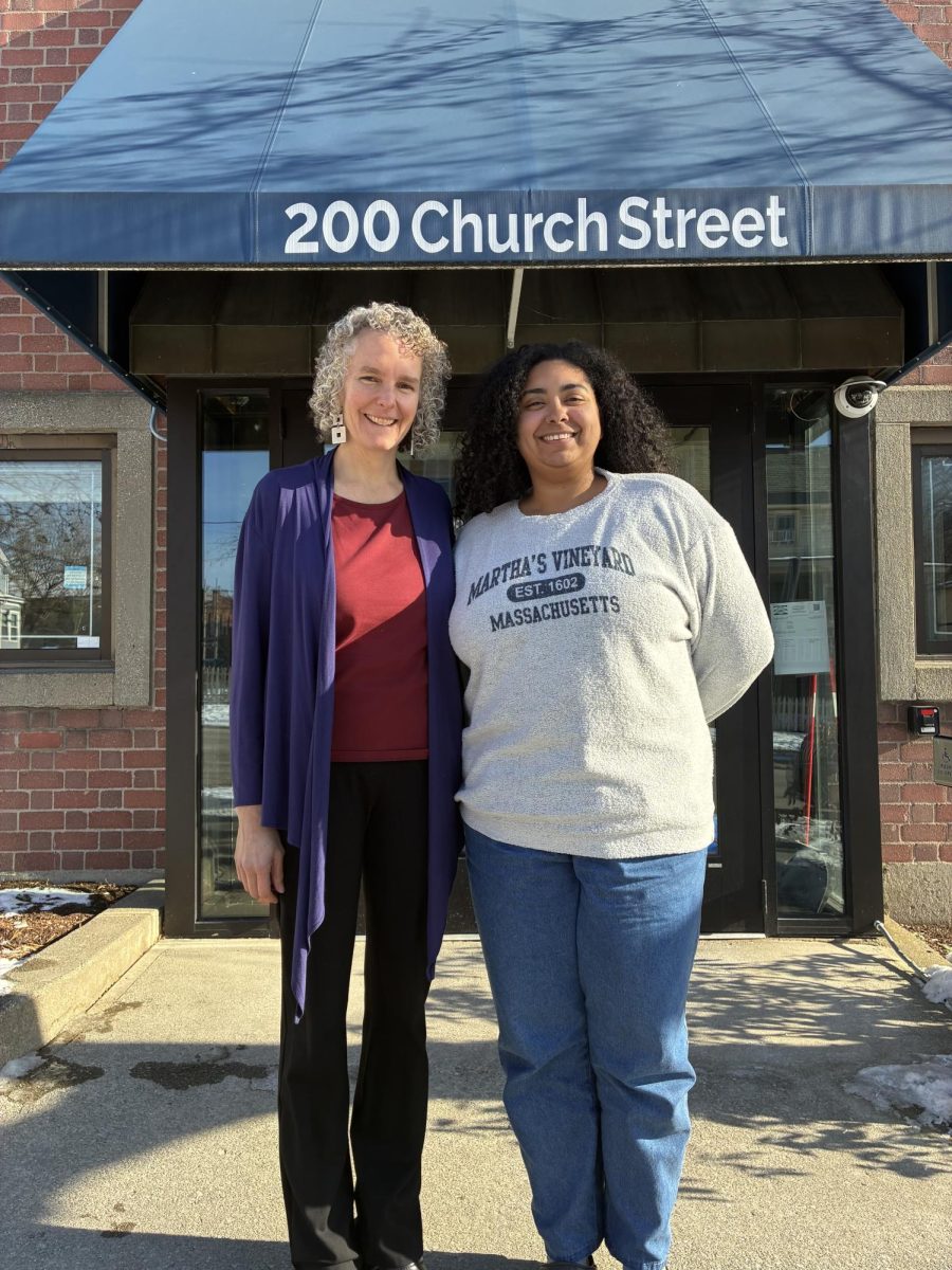 Executive Director Rachel Jolly and Youth Restorative Service Coordinator Felicity Rodriguez stand outside of the Burlington Community Justice Center. The BCJC resolved over 189 youth court cases in 2024. 
