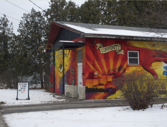 The outside mural of the Odd Fellows Lodge, where North End Food Pantry makes a home. 